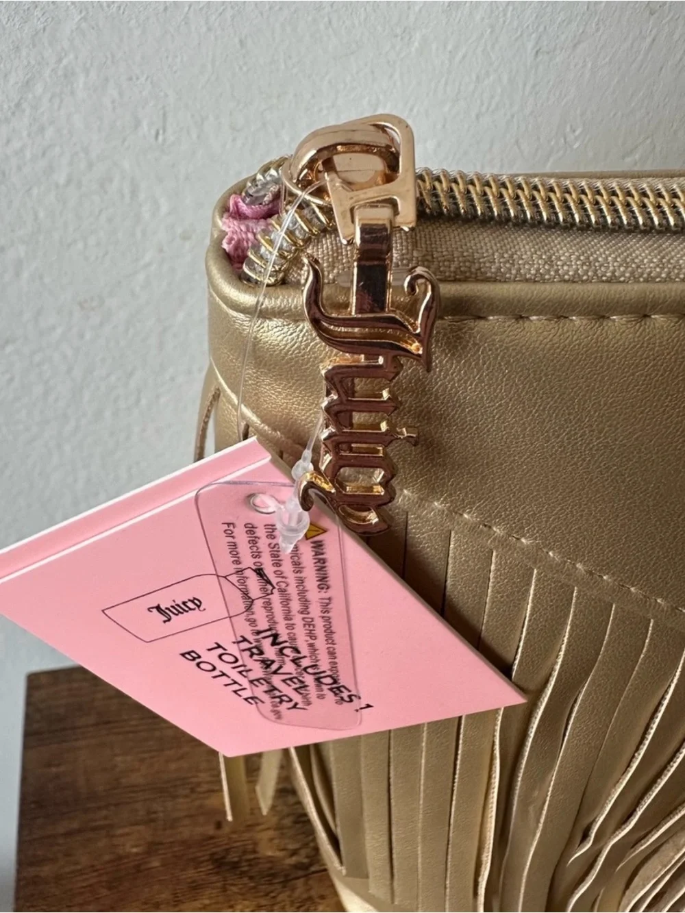 Juicy Couture Metallic Gold Fringe Cosmetic Bag with Embroidered Logo NWT